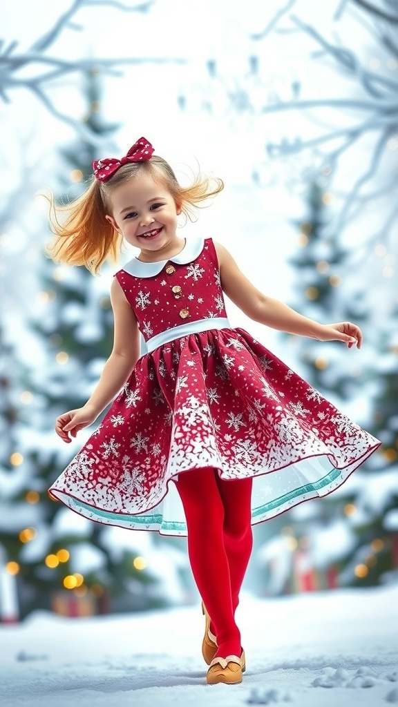 A girl in a Christmas dress with snowflakes, twirling in a snowy landscape, surrounded by festive decorations.